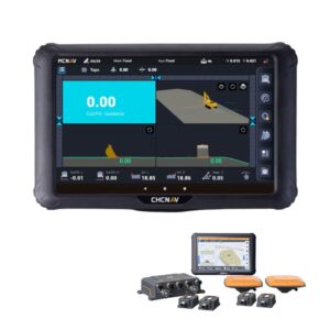 Baustellenszene mit Liebherr 914 Bagger und CHCNAV MCNAV TX73 Tablet‑Anzeige – 3D‑Visualisierung der Umgebung