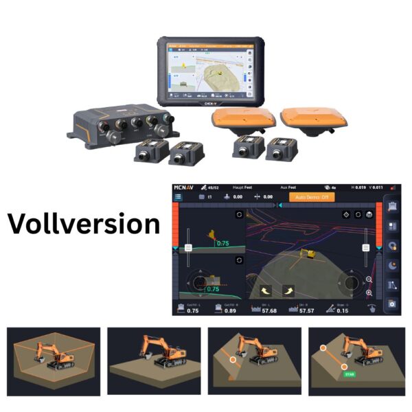 MCNAV TX73 Baggersteuerungssystem mit Sensoren, GNSS-Antennen und Display
