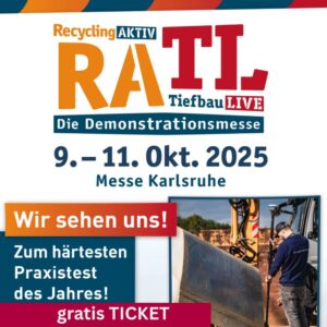 Werbebanner der Messe „RecyclingAKTIV & TiefbauLIVE“ vom 9. bis 11. Oktober 2025 in Karlsruhe – messprofiservice nimmt als Aussteller teil und bietet kostenlose Messetickets an.
