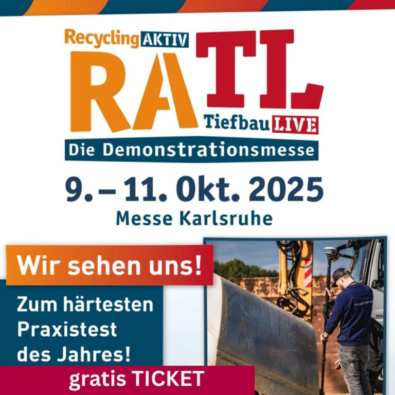 Werbebanner der Messe „RecyclingAKTIV & TiefbauLIVE“ vom 9. bis 11. Oktober 2025 in Karlsruhe – messprofiservice nimmt als Aussteller teil und bietet kostenlose Messetickets an.