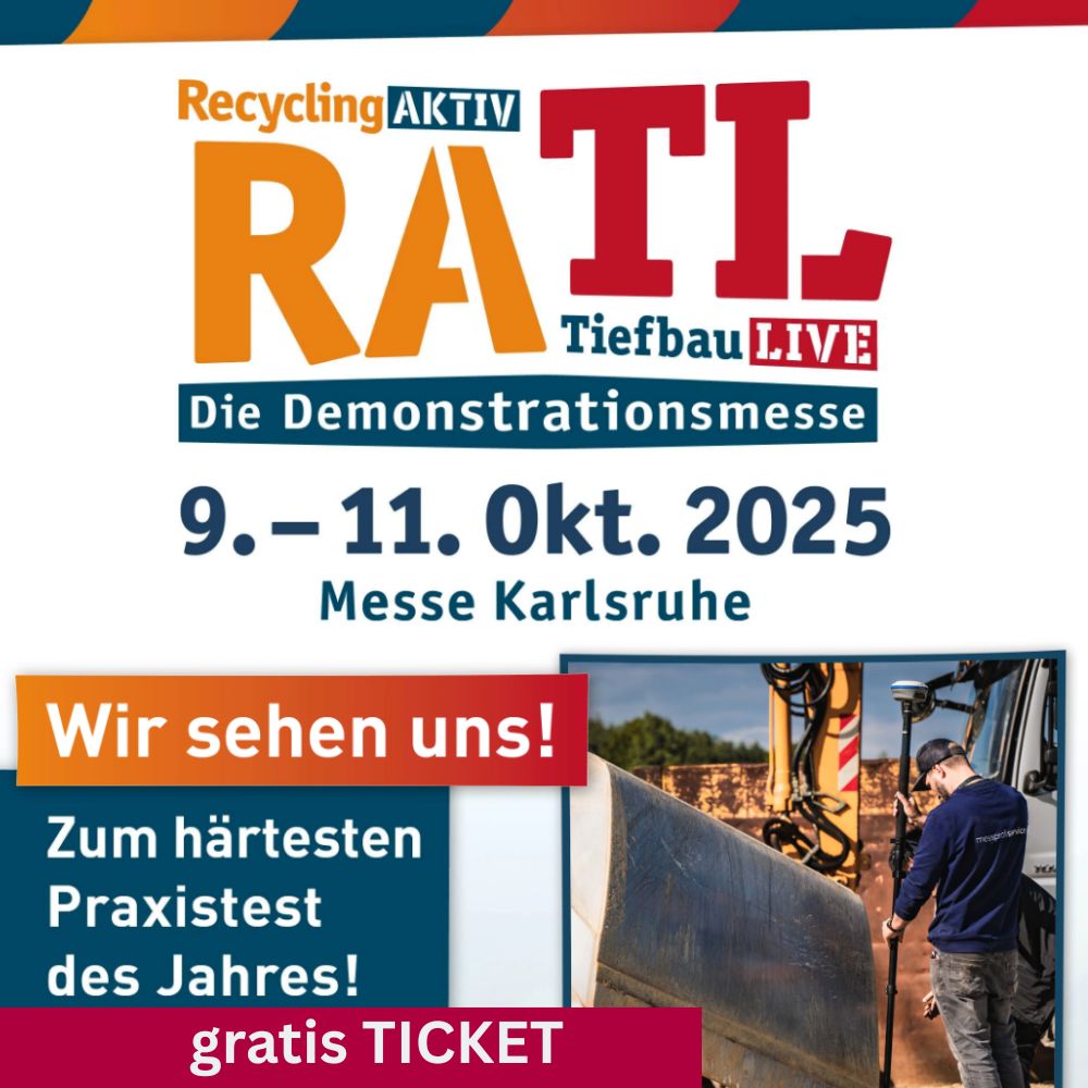 Werbebanner der Messe „RecyclingAKTIV & TiefbauLIVE“ vom 9. bis 11. Oktober 2025 in Karlsruhe – messprofiservice nimmt als Aussteller teil und bietet kostenlose Messetickets an.