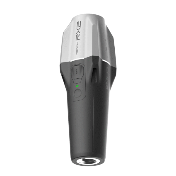 mlid Reach RX2 – kompakter GNSS-Empfänger für RTK-Vermessung, ideal für Baustellen und GIS-Anwendungen, Produktbild schräg von unten